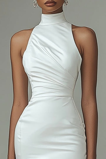 Robe de graduation asymétrique simple en satin blanc à col haut